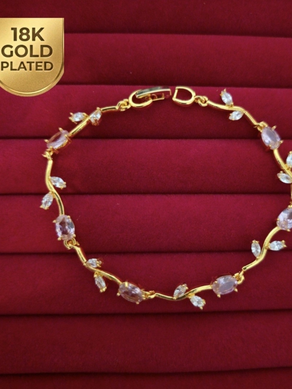 18K Gold Plated Women's Leaf Link Bracelet w/ Soft Pink Zircon - Women B003